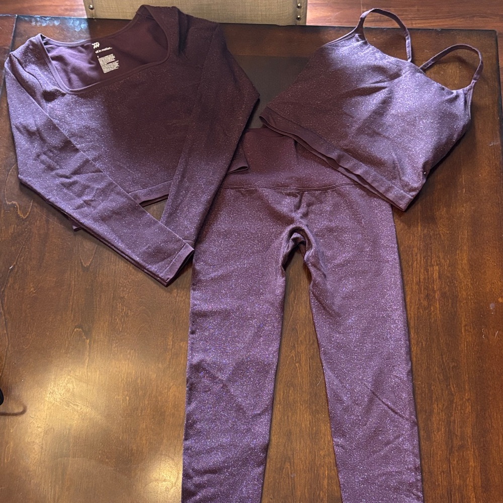3-Piece Sparkle Purple Active Set - Top, Tank, Leggings